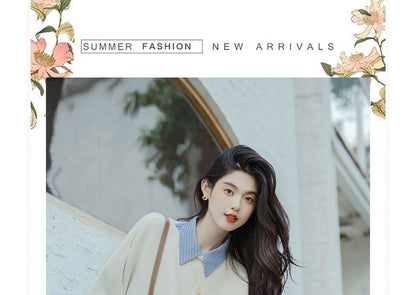 Long-Sleeve Striped Shirt / Crew Neck Plain Asymmetrical Crop Sweater / High Rise Pleated Midi A-Line Skirt / Set