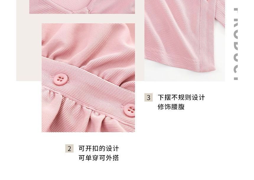 Short-Sleeve V-Neck Plain Ruched Button T-Shirt