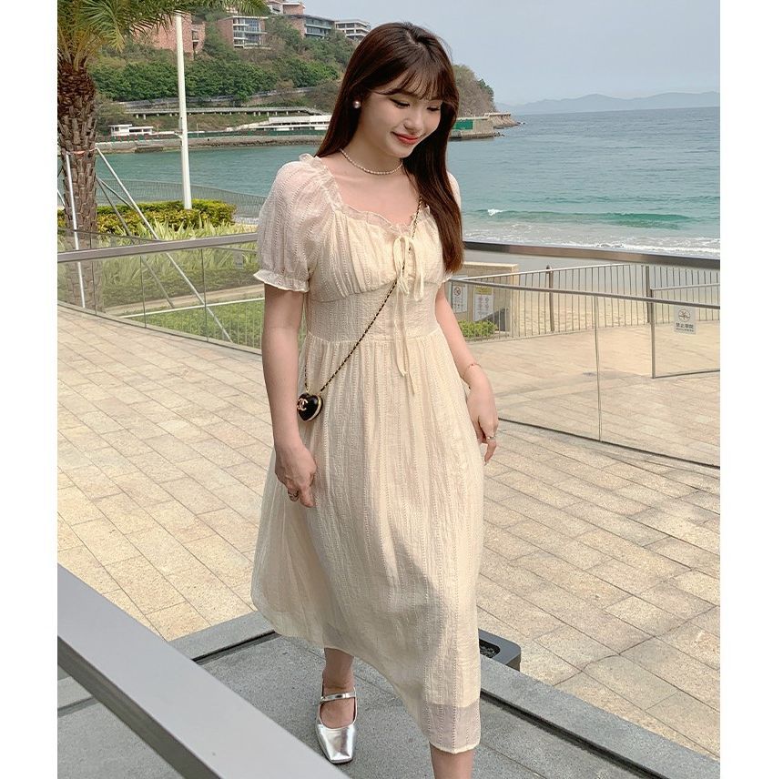 Short-Sleeve Square Neck Plain Frill Tie Front Midi A-Line Dress