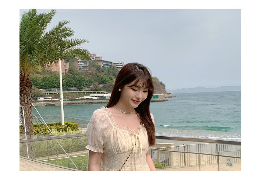 Short-Sleeve Square Neck Plain Frill Tie Front Midi A-Line Dress