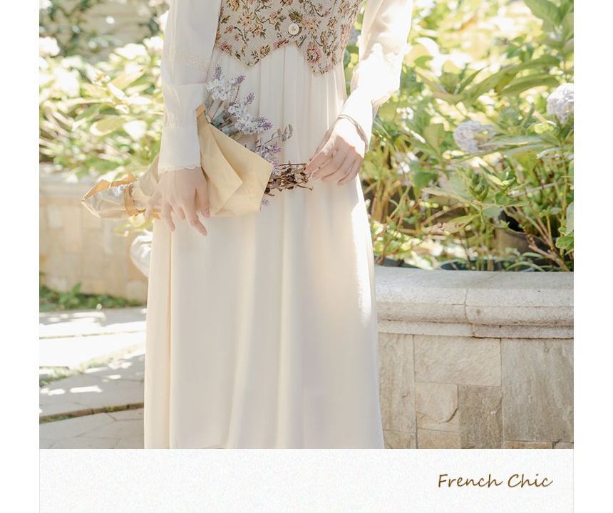 Set: Long-Sleeve Plain Midi Dress + Sleeveless Floral Print Button-Up Top