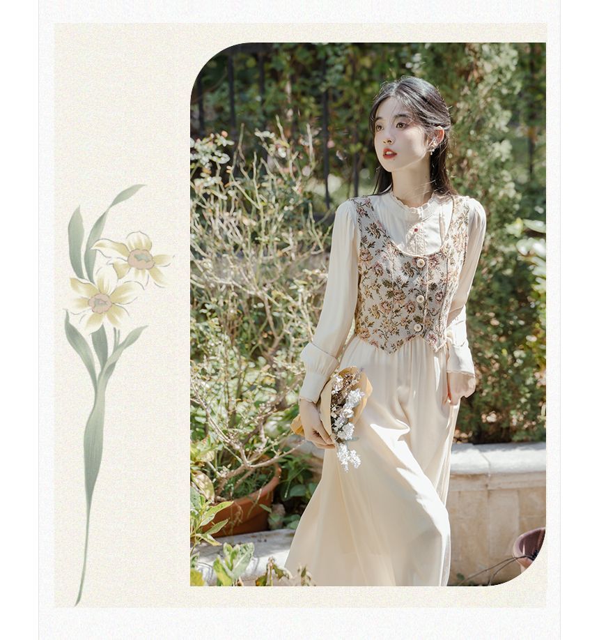 Set: Long-Sleeve Plain Midi Dress + Sleeveless Floral Print Button-Up Top