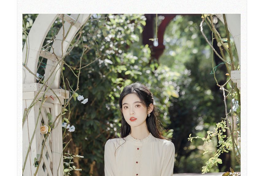 Set: Long-Sleeve Plain Midi Dress + Sleeveless Floral Print Button-Up Top