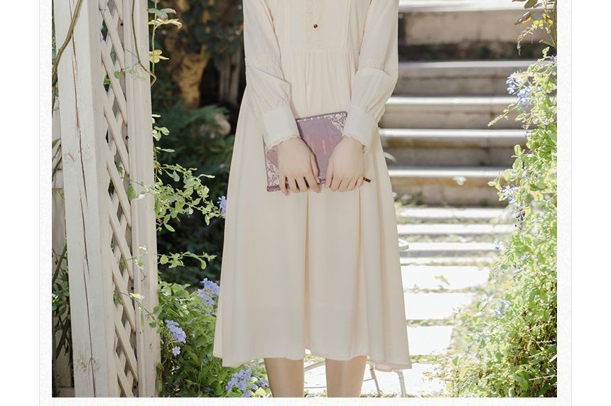 Set: Long-Sleeve Plain Midi Dress + Sleeveless Floral Print Button-Up Top