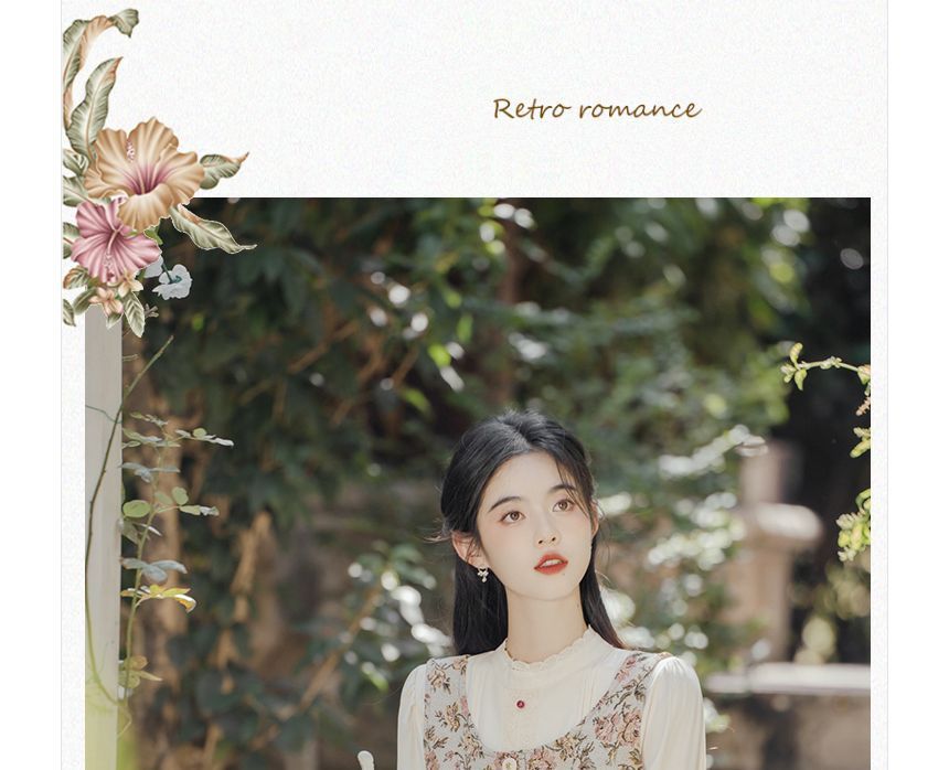 Set: Long-Sleeve Plain Midi Dress + Sleeveless Floral Print Button-Up Top