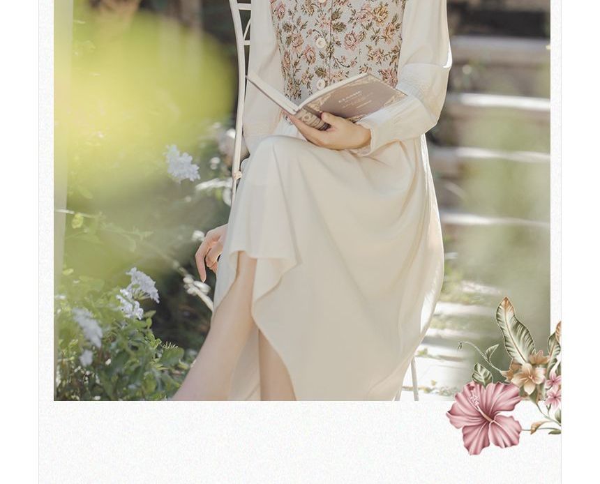 Set: Long-Sleeve Plain Midi Dress + Sleeveless Floral Print Button-Up Top