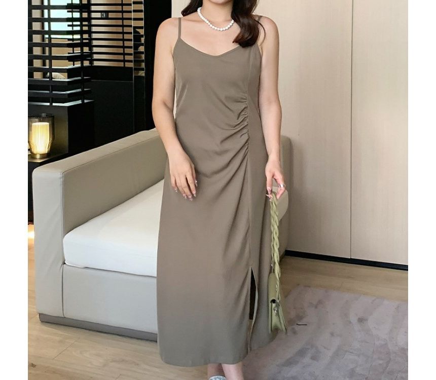 Spaghetti Strap Plain Ruched Slit Midi A-Line Dress