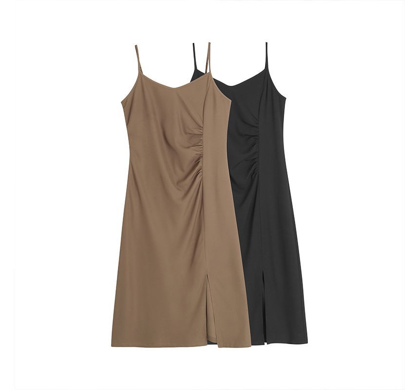 Spaghetti Strap Plain Ruched Slit Midi A-Line Dress