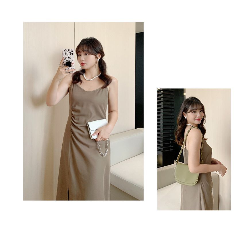Spaghetti Strap Plain Ruched Slit Midi A-Line Dress