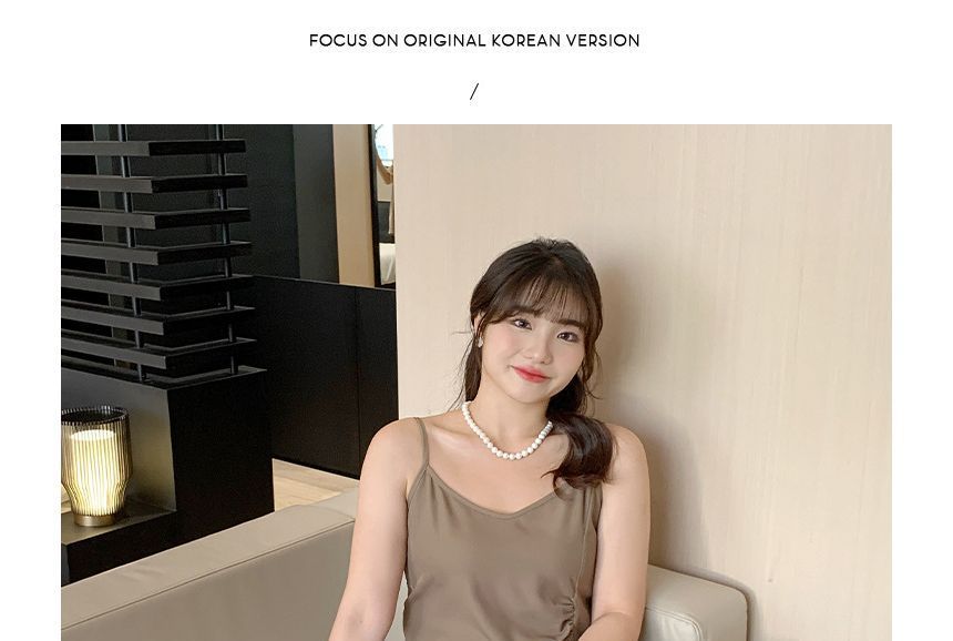 Spaghetti Strap Plain Ruched Slit Midi A-Line Dress