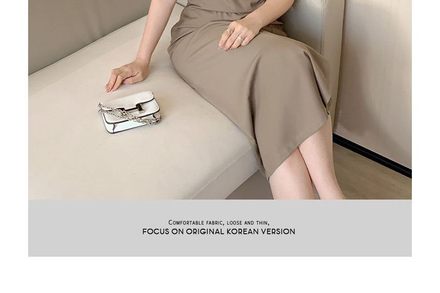 Spaghetti Strap Plain Ruched Slit Midi A-Line Dress