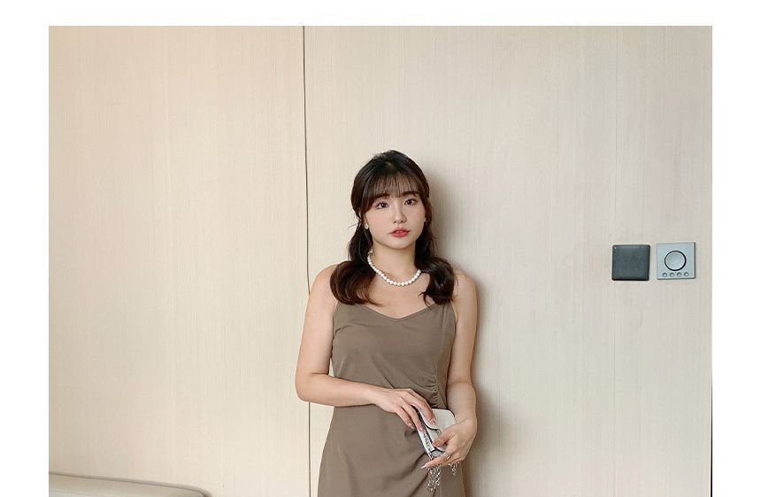 Spaghetti Strap Plain Ruched Slit Midi A-Line Dress