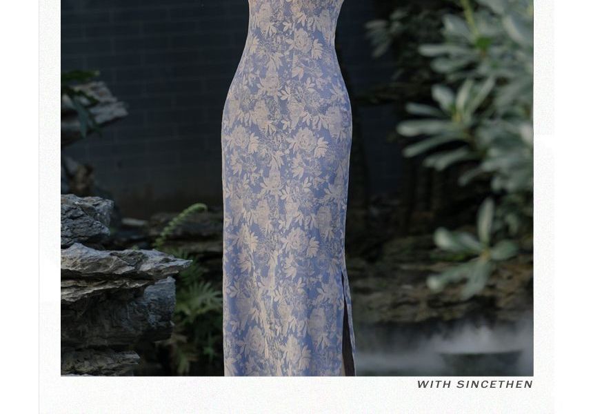 Sleeveless Floral Midi Qipao / Plain Cardigan / Set