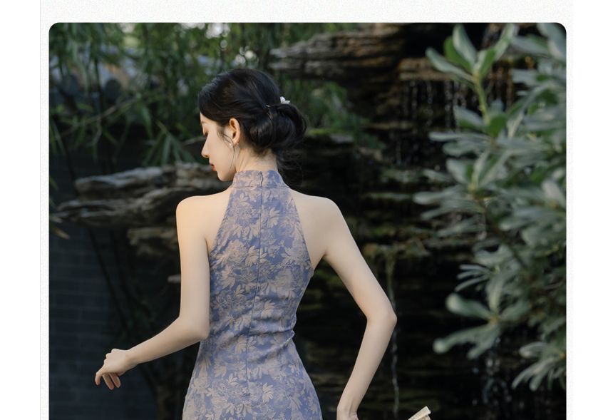 Sleeveless Floral Midi Qipao / Plain Cardigan / Set