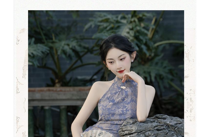 Sleeveless Floral Midi Qipao / Plain Cardigan / Set