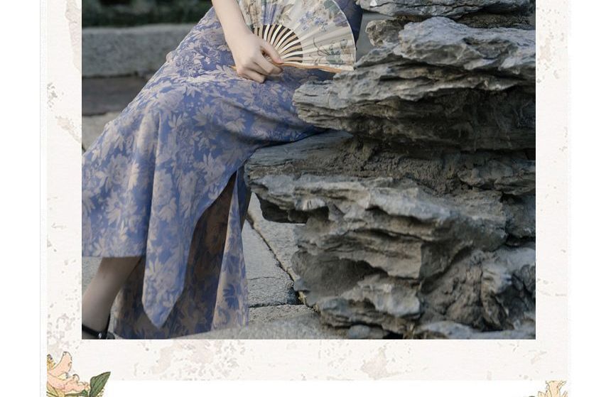 Sleeveless Floral Midi Qipao / Plain Cardigan / Set