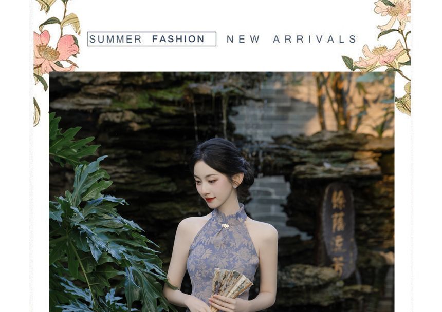 Sleeveless Floral Midi Qipao / Plain Cardigan / Set