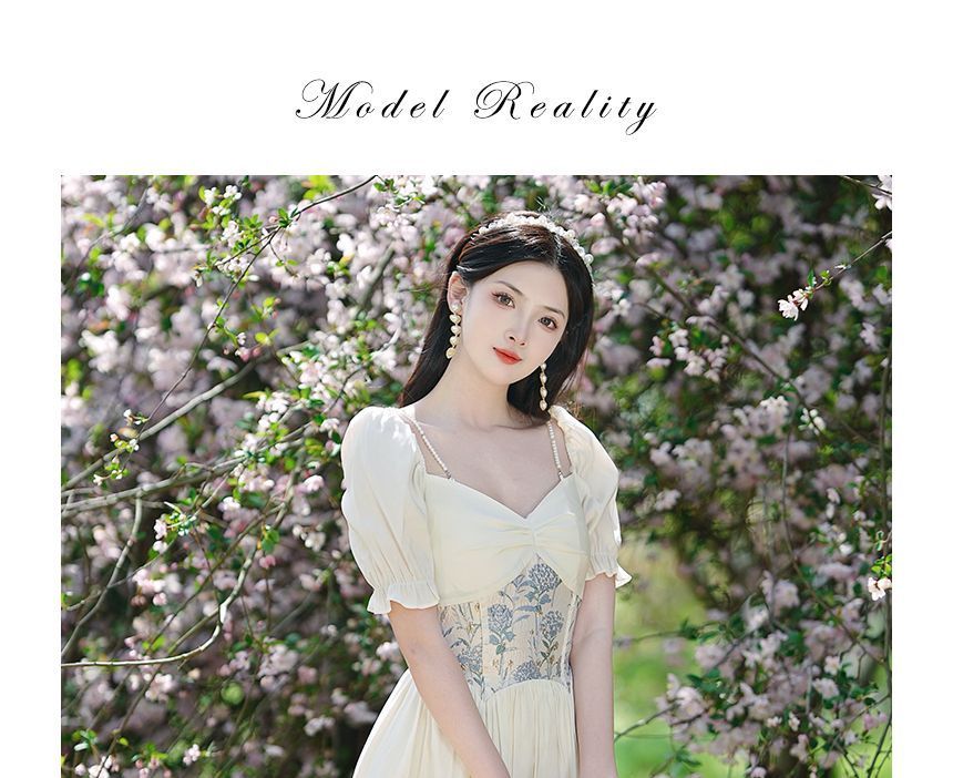 Short-Sleeve Floral Panel Midi A-Line Corset Dress