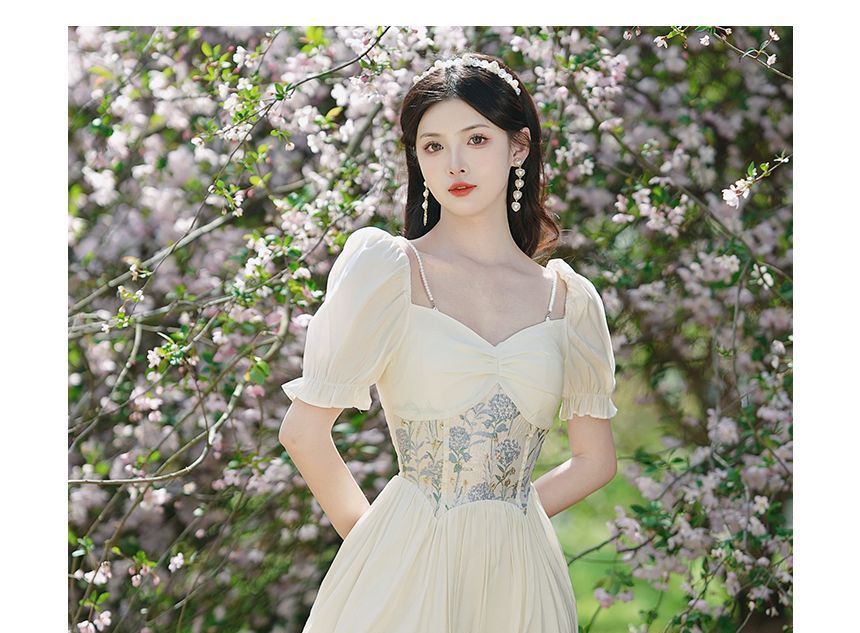 Short-Sleeve Floral Panel Midi A-Line Corset Dress