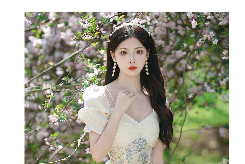 Short-Sleeve Floral Panel Midi A-Line Corset Dress