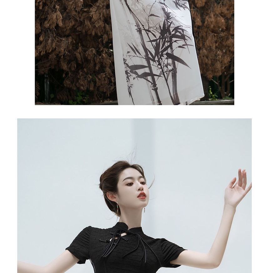 Mock Two-Piece Short-Sleeve Mandarin Collar Bamboo Print Panel Midi Sheath Dress