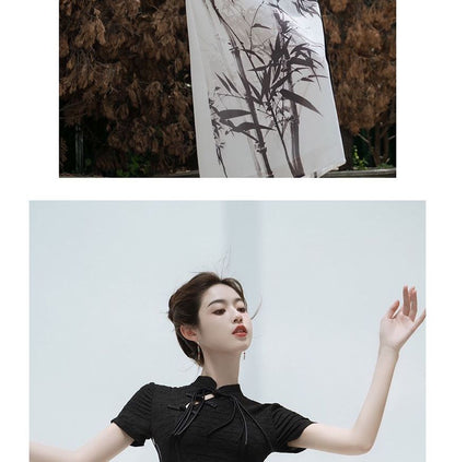 Mock Two-Piece Short-Sleeve Mandarin Collar Bamboo Print Panel Midi Sheath Dress