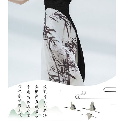 Mock Two-Piece Short-Sleeve Mandarin Collar Bamboo Print Panel Midi Sheath Dress