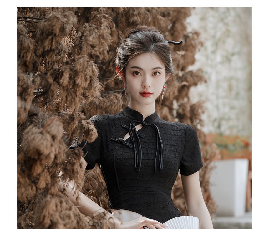 Mock Two-Piece Short-Sleeve Mandarin Collar Bamboo Print Panel Midi Sheath Dress