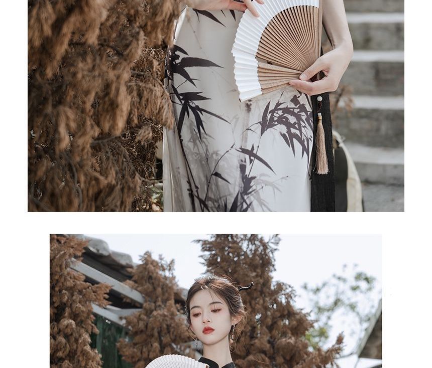 Mock Two-Piece Short-Sleeve Mandarin Collar Bamboo Print Panel Midi Sheath Dress