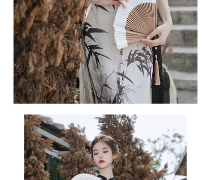 Mock Two-Piece Short-Sleeve Mandarin Collar Bamboo Print Panel Midi Sheath Dress