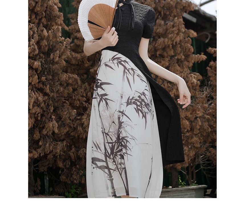 Mock Two-Piece Short-Sleeve Mandarin Collar Bamboo Print Panel Midi Sheath Dress