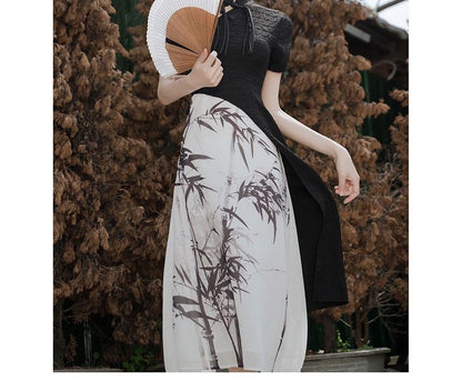 Mock Two-Piece Short-Sleeve Mandarin Collar Bamboo Print Panel Midi Sheath Dress