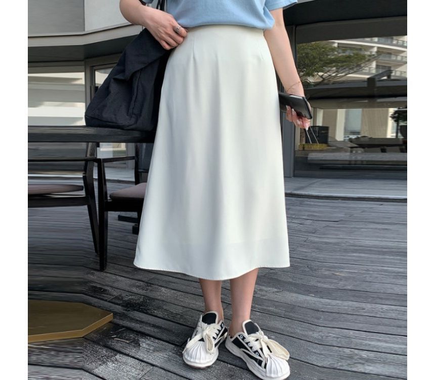 High Waist Plain Midi A-Line Skirt