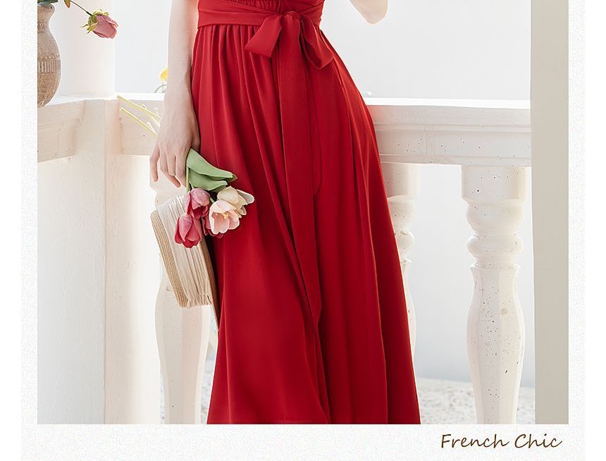 Sleeveless V-Neck Plain Midi A-Line Dress