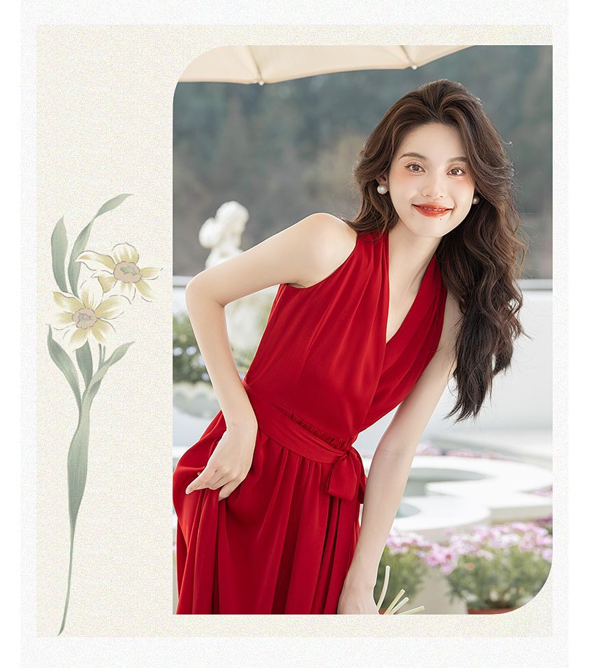 Sleeveless V-Neck Plain Midi A-Line Dress