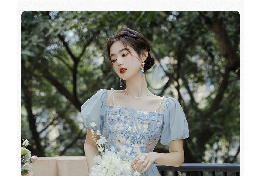 Short-Sleeve Square Neck Lace Midi A-Line Dress