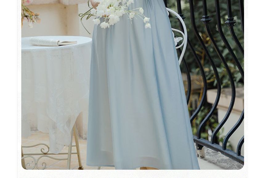 Short-Sleeve Square Neck Lace Midi A-Line Dress