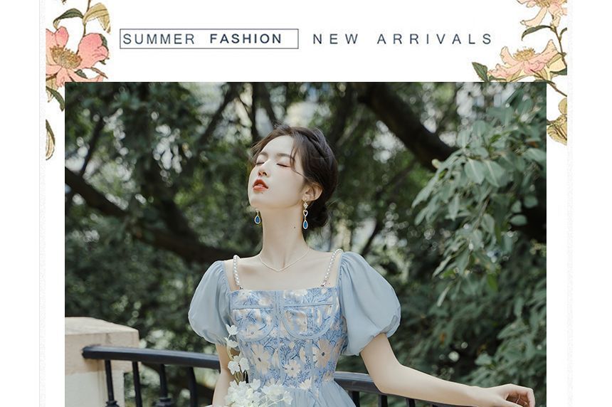 Short-Sleeve Square Neck Lace Midi A-Line Dress