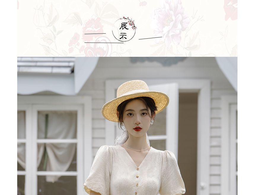 Short-Sleeve V-Neck Plain Button Gathered Slit Midi A-Line Dress