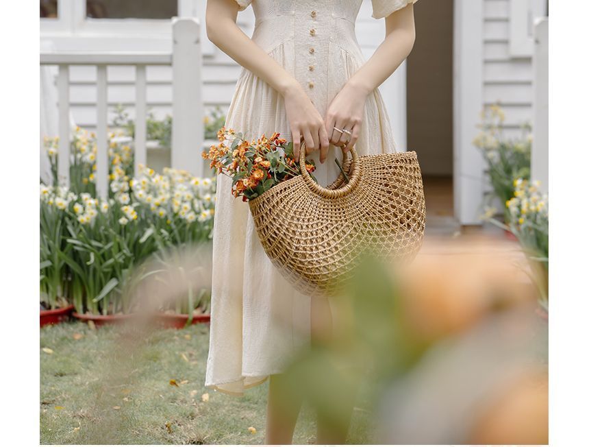 Short-Sleeve V-Neck Plain Button Gathered Slit Midi A-Line Dress