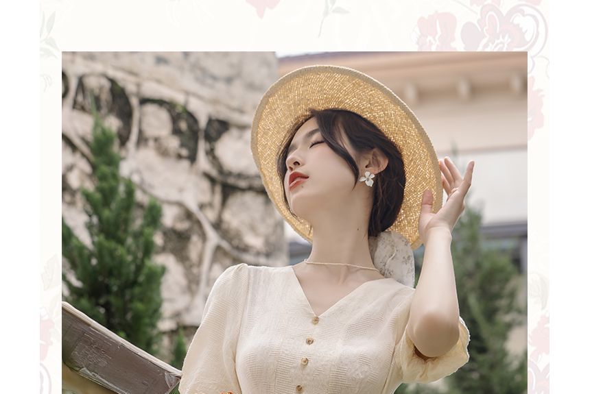 Short-Sleeve V-Neck Plain Button Gathered Slit Midi A-Line Dress