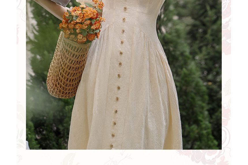 Short-Sleeve V-Neck Plain Button Gathered Slit Midi A-Line Dress