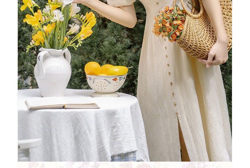 Short-Sleeve V-Neck Plain Button Gathered Slit Midi A-Line Dress