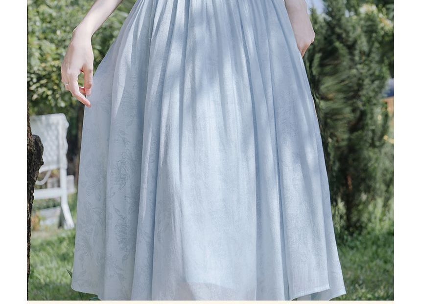 Short-Sleeve Square Neck Floral Print Ruched Midi A-Line Dress