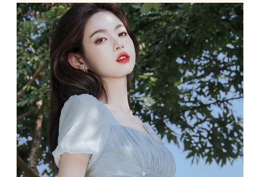 Short-Sleeve Square Neck Floral Print Ruched Midi A-Line Dress