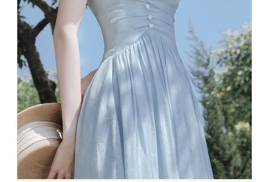 Short-Sleeve Square Neck Floral Print Ruched Midi A-Line Dress