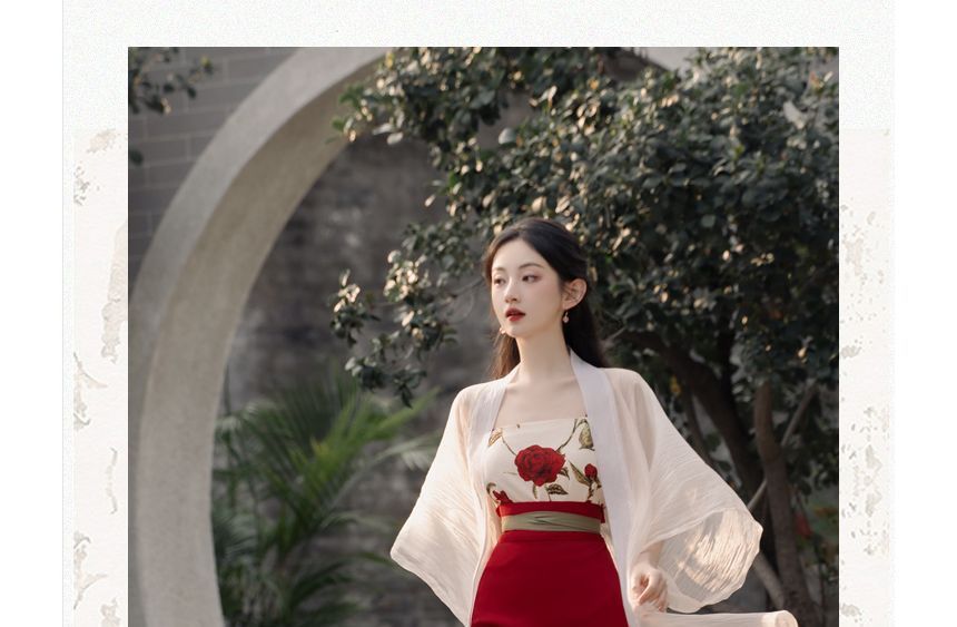 Set: Floral Print Camisole Top + Plain Midi Hanfu Jacket + High Waist Tie-Waist Maxi A-Line Skirt