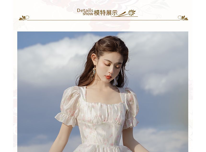 Short-Sleeve Square Neck Floral Maxi A-Line Dress