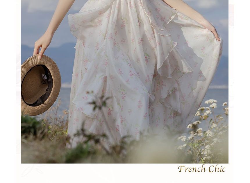 Short-Sleeve Square Neck Floral Maxi A-Line Dress