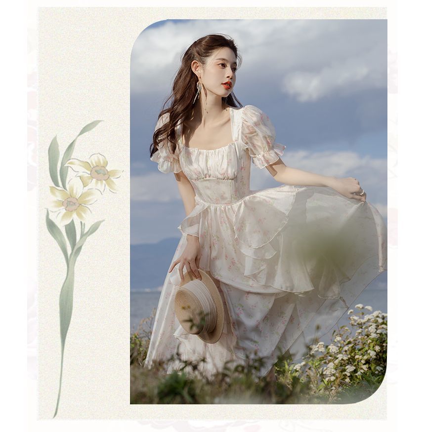 Short-Sleeve Square Neck Floral Maxi A-Line Dress